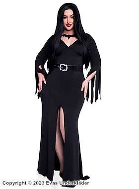 Morticia fra Familien Addams, kostyme-kjole, høy spalte, belte, slitte ermer, plus size